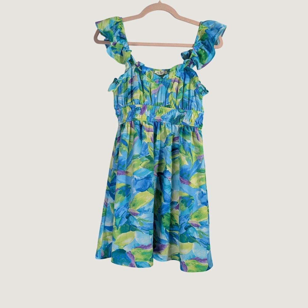Blu Pepper Floral Mini Dress Women S Blue Green‎ Ruffle Smocked Summer Boho